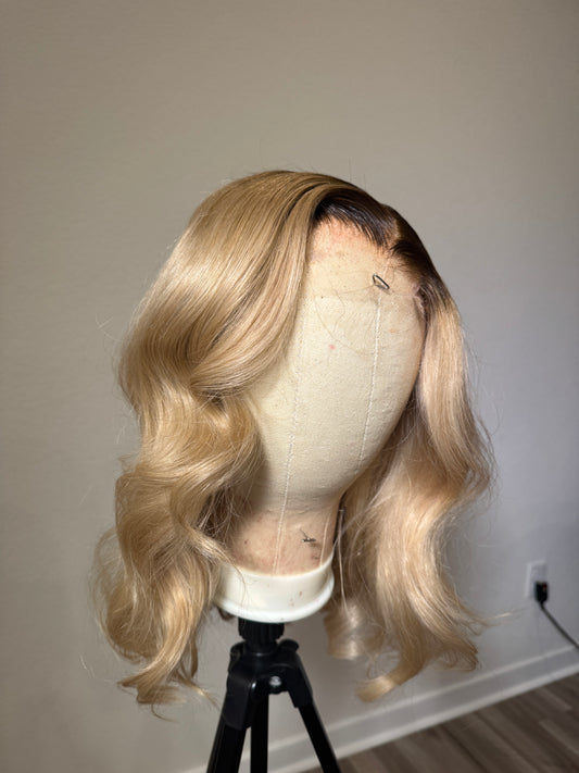 ASH BLONDE DARK ROOTS CLOSURE WIG 5x5 HD LACE 16 INCHES